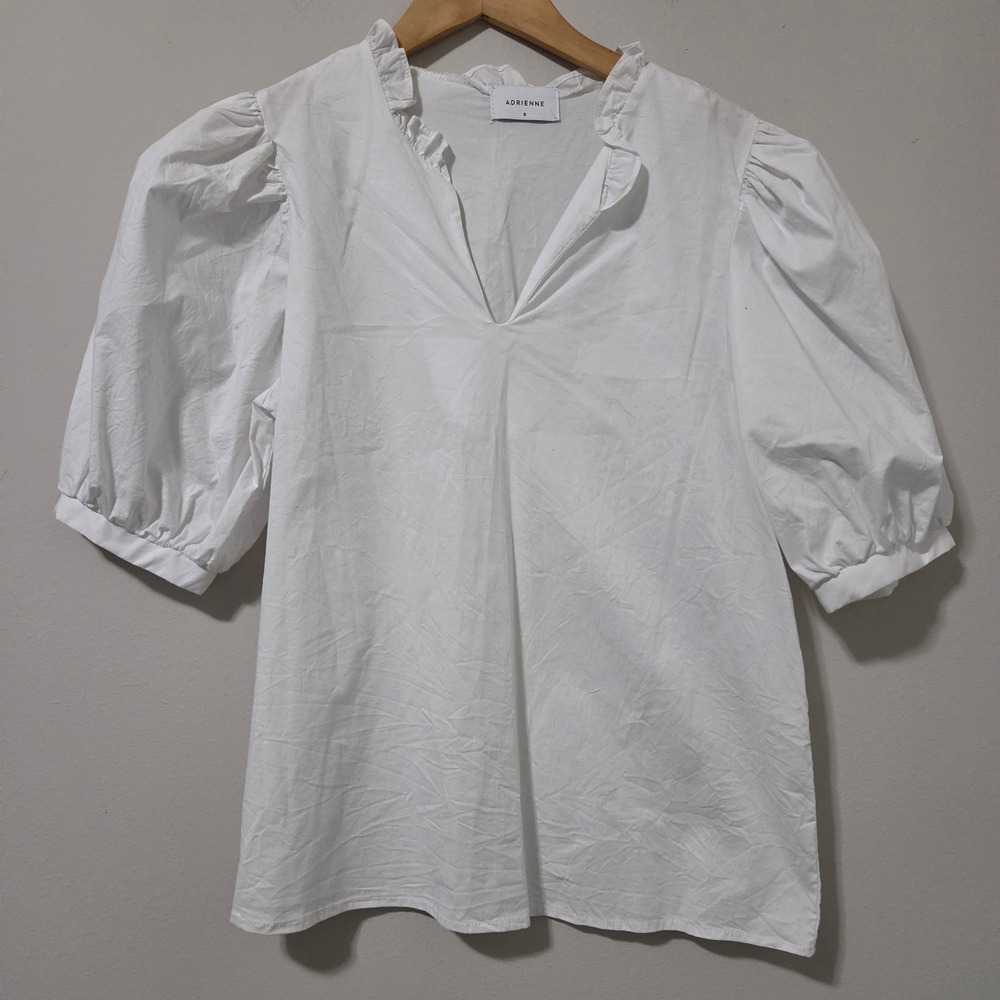 ADRIENNE Bernadette White Puff Sleeve Ruffle Neck Blouse‎ Small
